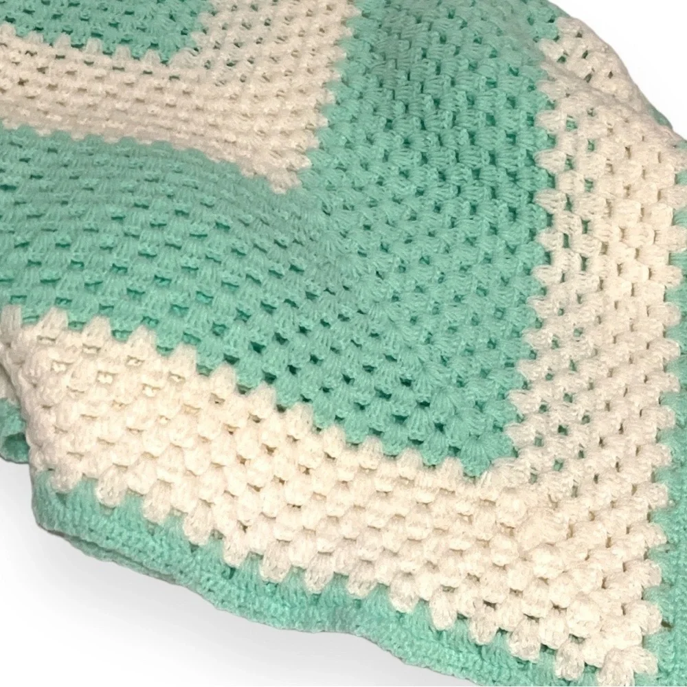 Handmade Crocheted Baby Blanket 40x40 Mint‎ Green White Cream Afghan